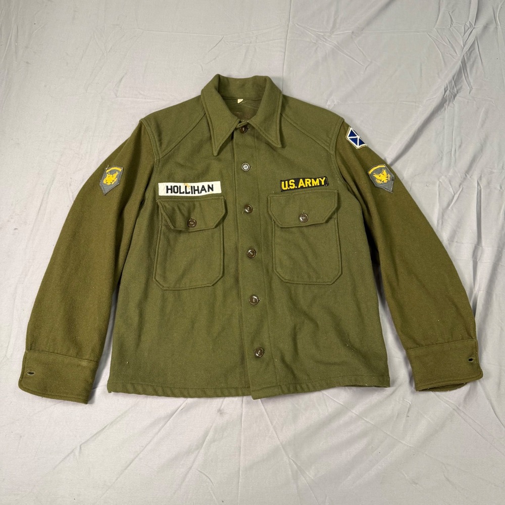 Vintage US Army Wool Field Shirt Jacket Olive Drab Green Hollihan Patches Medium